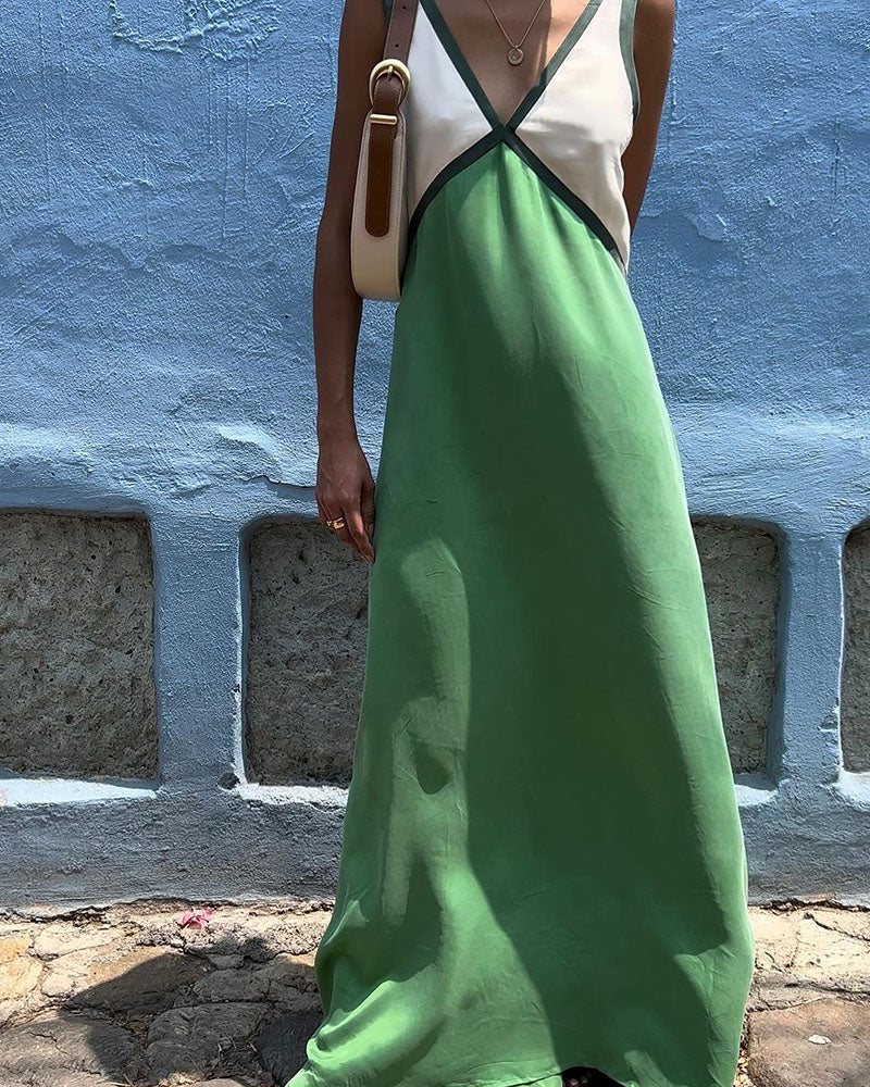 Robe longue contrastée pour femme – Style élégant et fluide pour les soirées